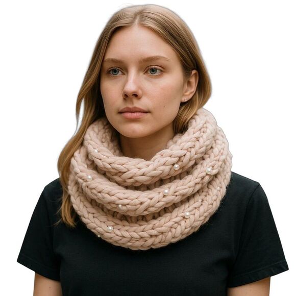 Betsey Johnson Infinity Scarf Cowl Neck Warmer Blush Pink Cable Knit with Pearls - Picture 1 of 16